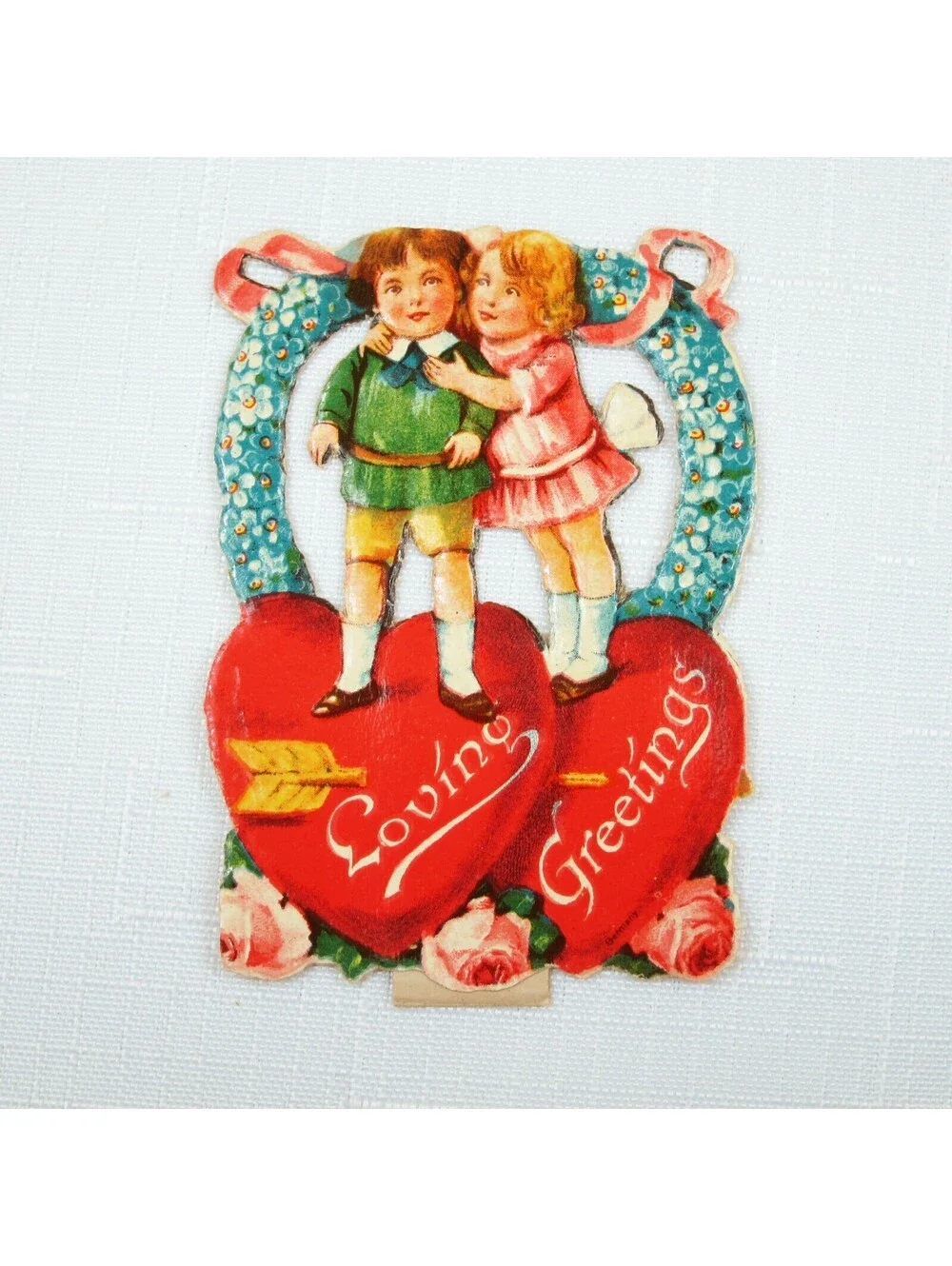 Vintage Valentine Die Cut Stand Up Victorian Girl Boy Flowers 1920-30s UNSIGNED